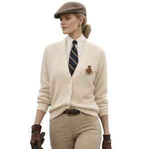 RARE VINTAGE Etienne Aigner Crest Cardigan Sweater Cream Ribbed sz LG